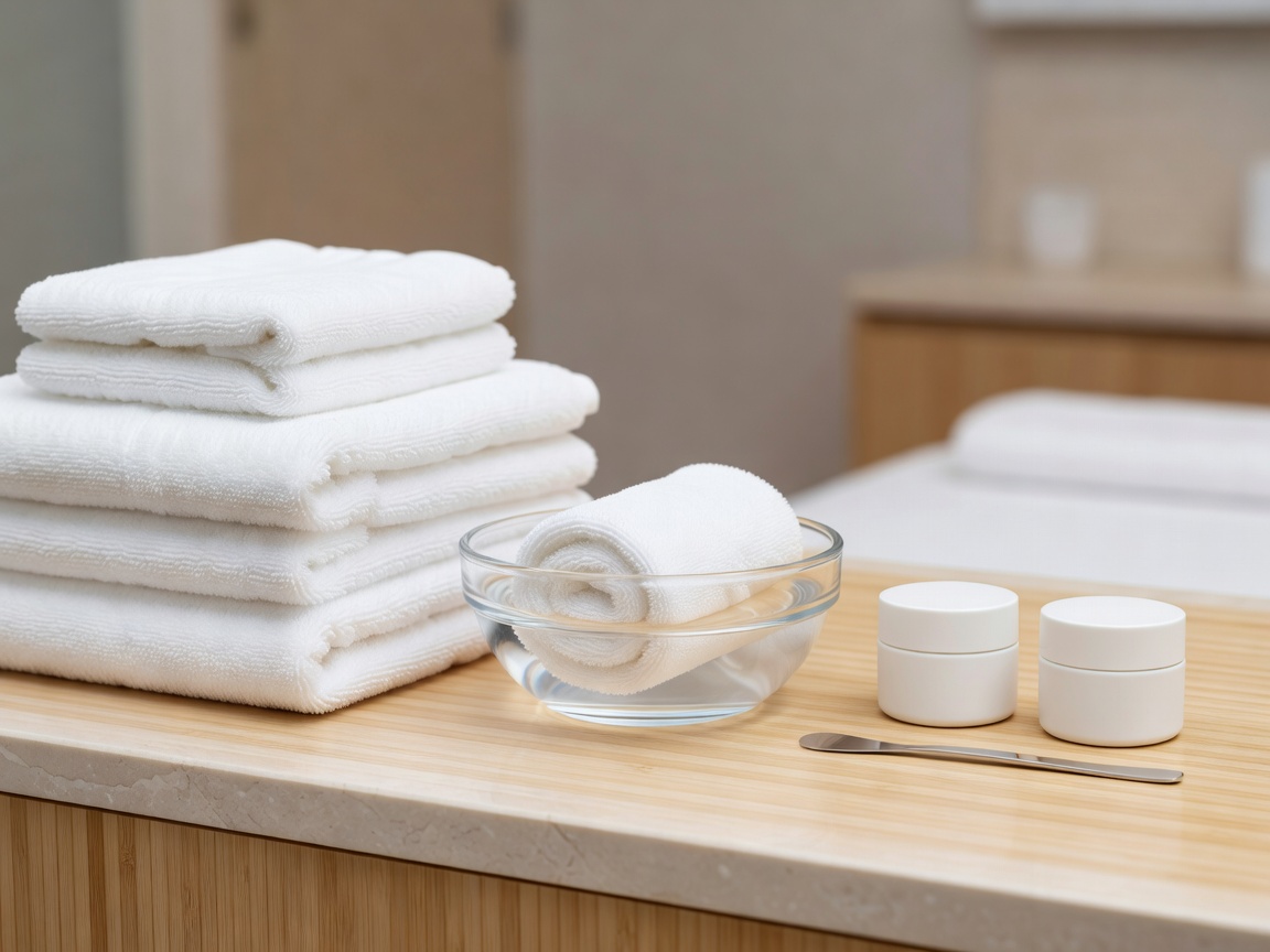 Clean facial treatment setup with towels
