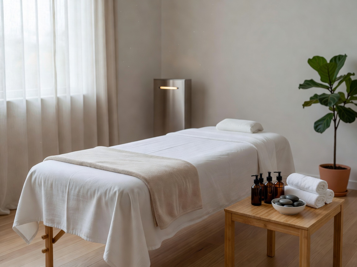 Luxurious massage treatment setup with natural linens