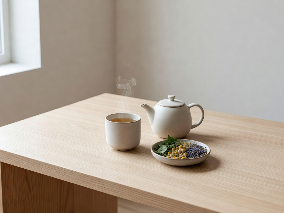 Minimalist consultation desk with herbal tea