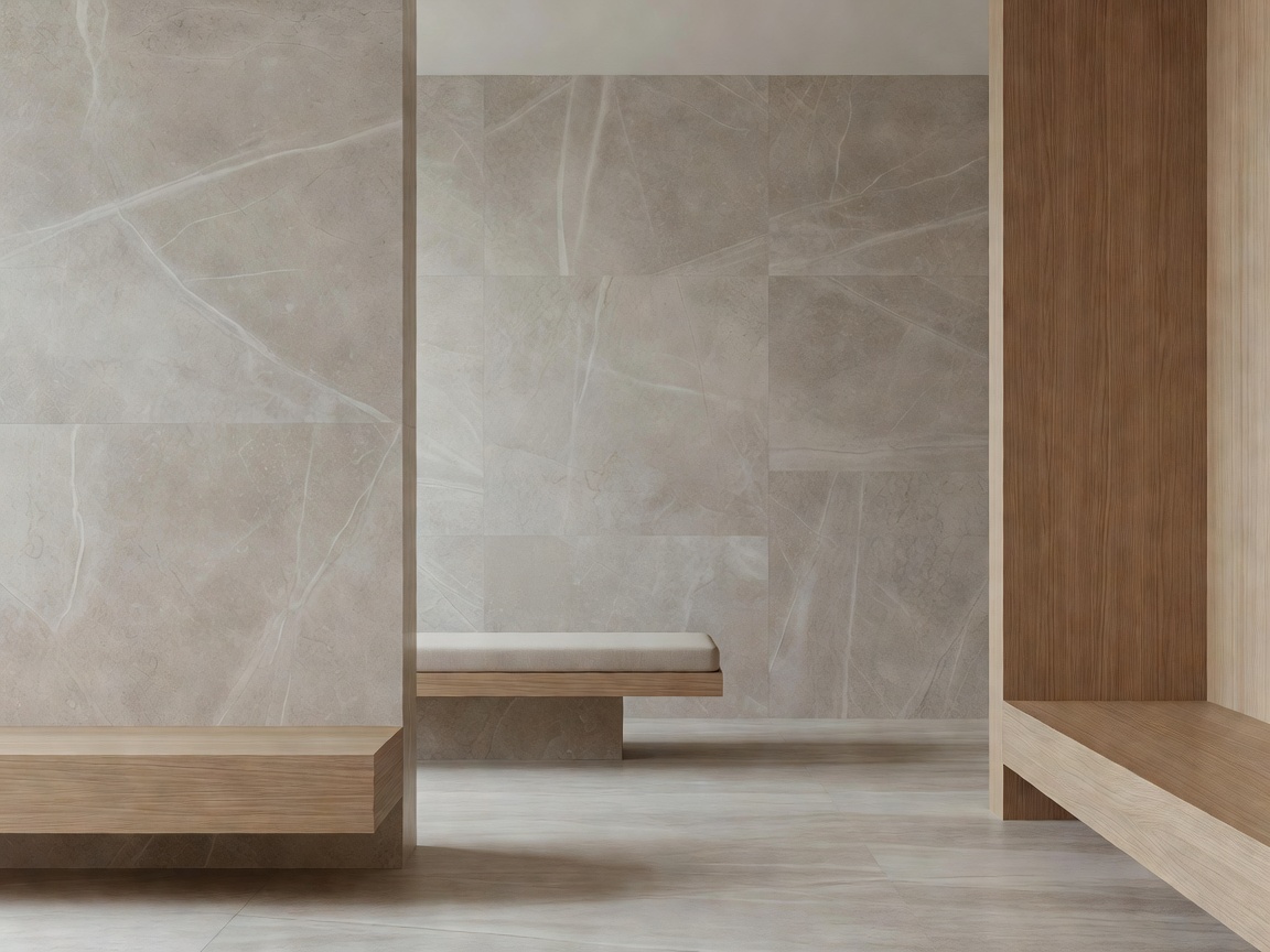 Minimalist spa interior showing natural stone and wood materials