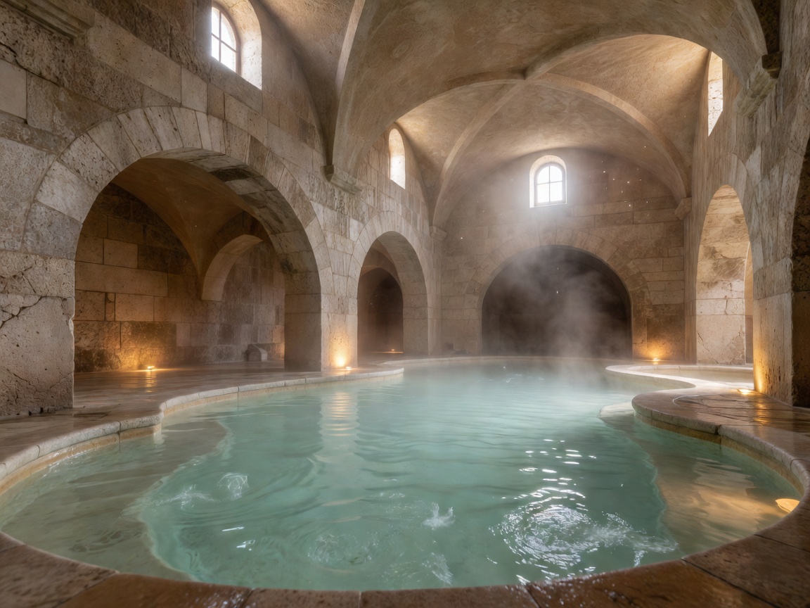 Calm thermal bath area with warm lighting